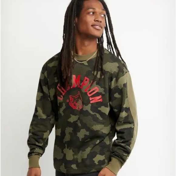 Men's Champion AOP Urban Pursuit Fleece Crew Mesh Camo Cargo Olive L - Picture 3 of 6